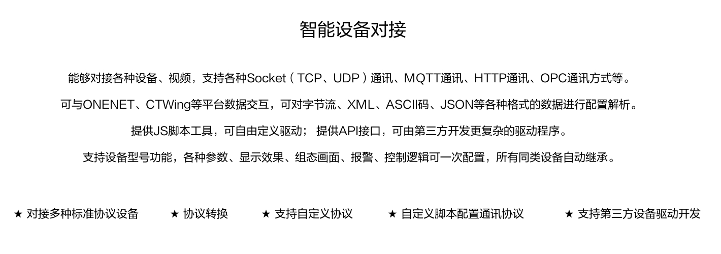能夠?qū)痈鞣N設(shè)備、視頻，支持各種SocKet(TCP、UDP)通訊、MOTT通訊、HTTP通訊、OPC通訊方式等。 可與ONENET、CTWing等平臺數(shù)據(jù)交互，可對字節(jié)流、XML、ASCI碼、JSON等各種格式的數(shù)據(jù)進(jìn)行配置解析。 提供JS腳本工具，可自由定義驅(qū)動;提供API接口，可由第三方開發(fā)更復(fù)雜的驅(qū)動程序。 支持設(shè)備型號功能，各種參數(shù)、顯示效果、組態(tài)畫面、報警、控制邏輯可一次配置，所有同類設(shè)備自動繼承。