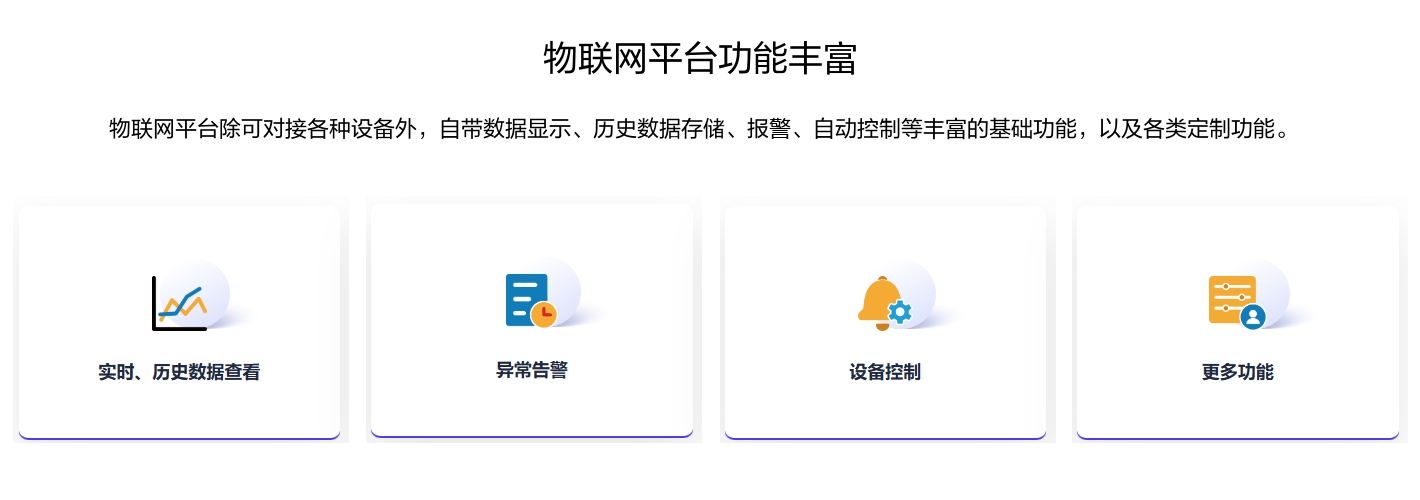 物聯(lián)網(wǎng)平臺功能豐富，除可對接各種設(shè)備外，自帶數(shù)據(jù)顯示、歷史數(shù)據(jù)存儲、報警、自動控制等豐富的基礎(chǔ)功能，以及各類定制功能。